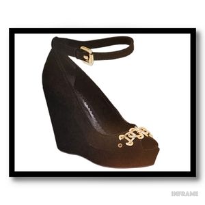 BCBGMaxAzria Peek Toe Ankle Strap Suede Platforms